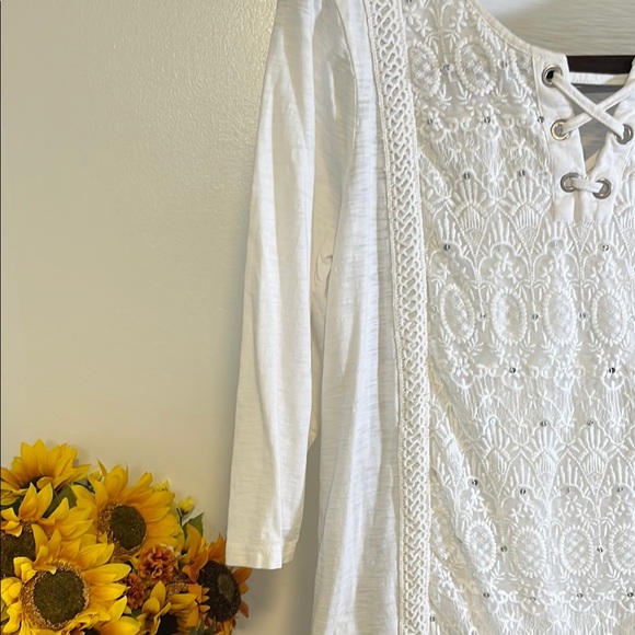 JM Collection White Blouse with Lace-Up Detail 3/4 length Sleeves - Picture 4 of 7